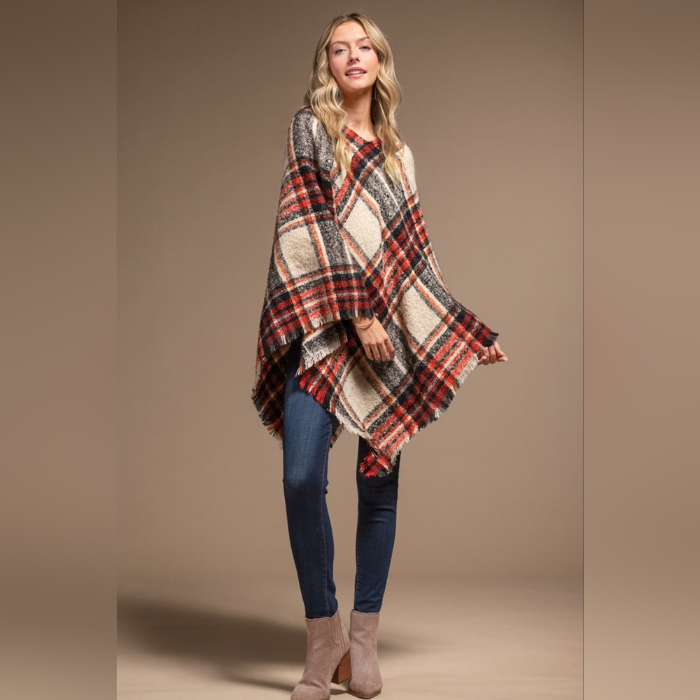Poncho Multi Color Plaid w Frayed Fringe - Red Black & White - Picture 5 of 6